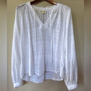 Cloth & Stone Frayed Cuff Linen Look Long Sleeve White Top. Boho Womens size M